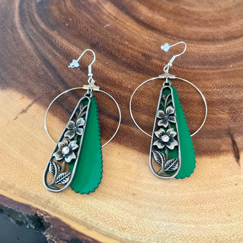 New Green Suede Floral Silver Dangle Earrings Hoop Sexy Fun Peacedbyalise